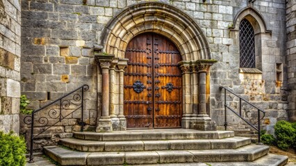 Fototapeta premium Ancient stone church with intricately carved doorway and worn granite steps leading up to a heavy wooden door adorned with ornate iron hinges.