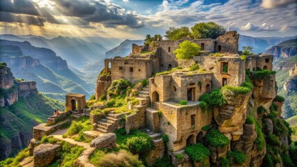 Obraz premium Ancient stone structures precariously perched on rugged cliff edges, overgrown with vines and moss, surrounded by scenic vistas of vast desert landscapes.