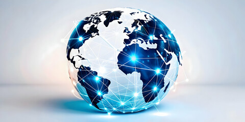 Flat Glossy abstract digital globe with glowing connections as a tech conference backdrop concept as A glossy abstract digital globe with glowing connections radiating from it symbolizing global commu