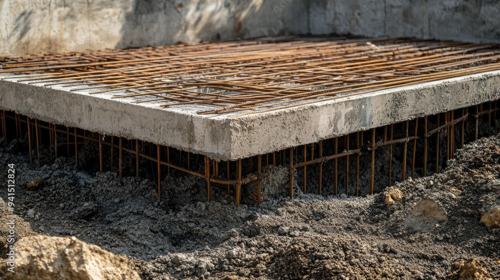 Poster view of a concrete foundation with exposed rebar and rough textures, highlighting the beginning of a