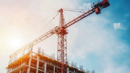 Fototapeta premium View of a construction crane lifting steel beams at a building site, symbolizing the heavy machinery in civil engineering
