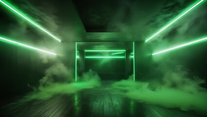 A futuristic interior with green neon lights and a misty atmosphere