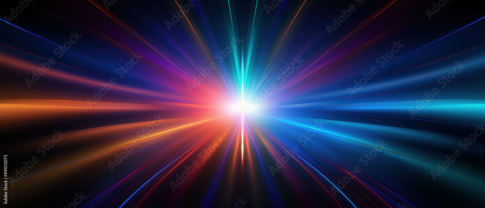 Poster cosmic radiance: a burst of vibrant colors radiates from a central point, illuminating the darkness 