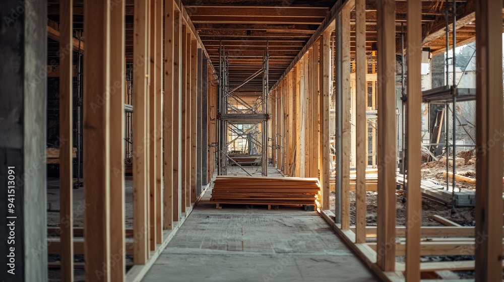 Poster view of a construction site with wooden frames and scaffolding, ready for the next phase of building