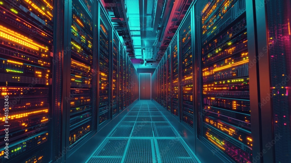 Poster view of a data center with rows of servers, glowing lights, and neat cable management, representing 