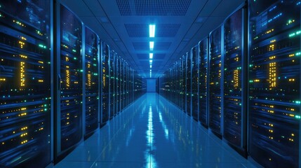 View of a data center with rows of servers, glowing lights, and neat cable management, representing cloud computing