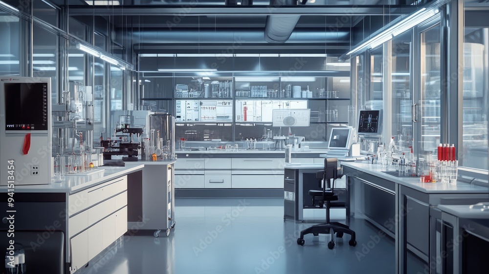 Poster view of a modern engineering lab with high-tech equipment and instruments, ready for research and de