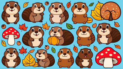 Obraz premium sticker set, different cute funny beavers