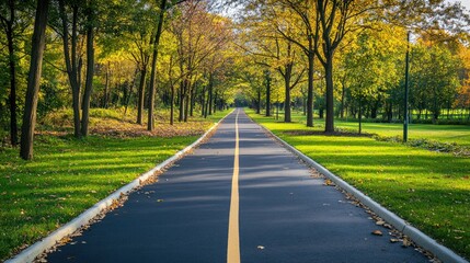 Fototapeta premium View of a well-maintained bike path, with smooth asphalt and clear lane markings, running through a park