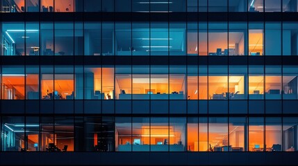 view from outside of modern office building at night.