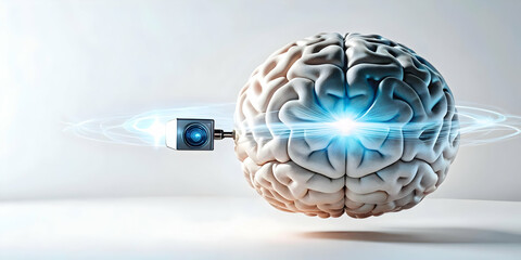 Floating digital brain with neural interfaces on an isolated white background concept as A digital brain floating mid air connected to neural interfaces glowing softly all isolated on a white backgrou