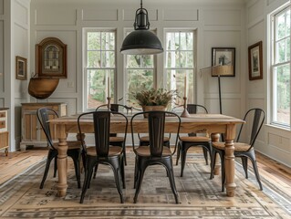 Modern Dining Room with Wooden Table and Black Chairs
