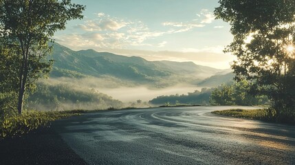 Serene mountain landscape at sunrise, featuring winding road and misty valley filled with lush greenery and soft clouds.