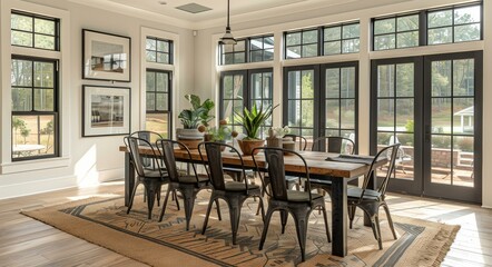 Fototapeta premium Luxurious Modern Dining Room with Large Windows and Door