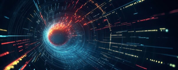 Obraz premium Futuristic digital tunnel with vibrant lines and binary code, leading into a deep, dark cyber abyss.