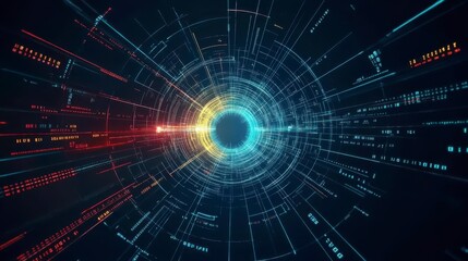 Obraz premium Futuristic digital tunnel with vibrant lines and binary code, leading into a deep, dark cyber abyss.