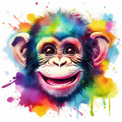 Rainbow Chimp: A vibrant and playful illustration of a chimpanzee painted in a rainbow of colors, radiating joy and whimsy. The cheerful expression and colorful background evoke feelings of happiness 