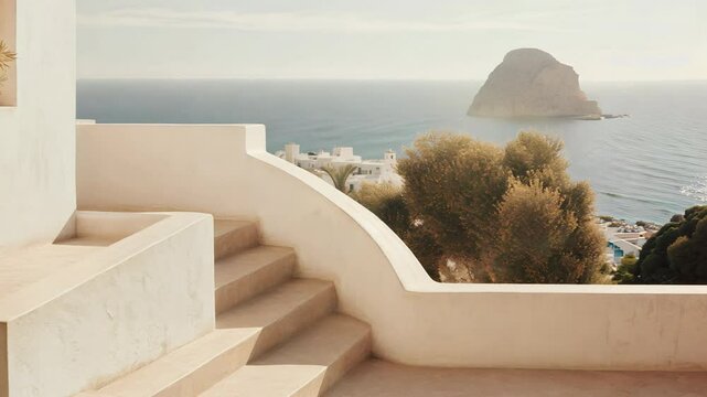Ibiza aesthetic villa house and coast landscape, muted colors, minimalism