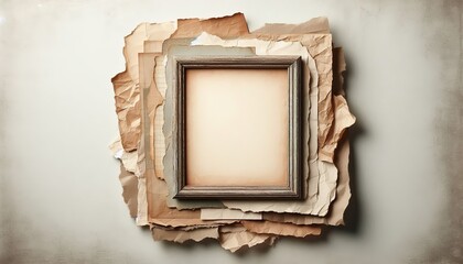 An empty, aged paper frame surrounded by layers of torn, textured paper with rough edges, in a grunge style. The paper layers are weathered, with visible creases and faded colors, 