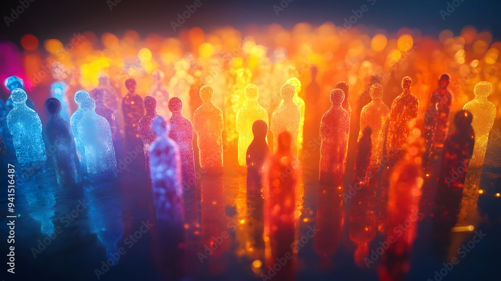Poster 3D Icon as Abstract digital art of devotees praying with glowing elements for Sharad Purnima concept as Camera movement Zoom into the abstract digital art of devotees praying. Scene Isolated with glow