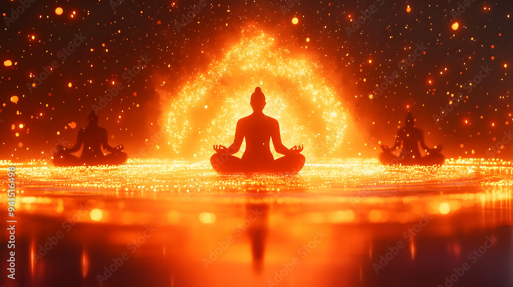 Poster 3D Icon as Abstract digital art of devotees praying with glowing elements for Sharad Purnima concept as Camera movement Zoom into the abstract digital art of devotees praying. Scene Isolated with glow