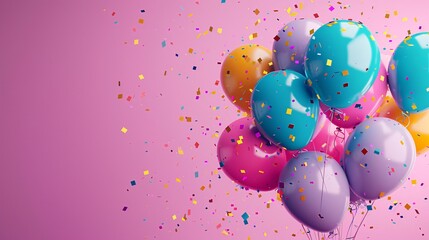 Celebration, festive background with helium colorfull balloons, gifts and confetti. holiday party invite. Happy anniversary. Copy space.