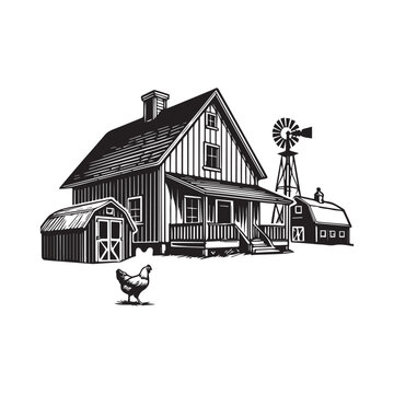 recommend clip art: Homestead Silhouette, Farming Scene clipart - Farmhouse with Barnyard Fence illustration in black and white 
