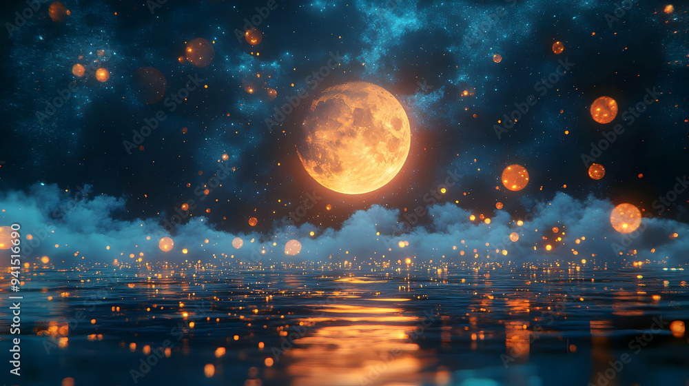 Poster 3D Icon as Abstract digital art of moonlit night with glowing elements for Sharad Purnima concept as Camera movement Zoom into the abstract digital art of a moonlit night. Scene Isolated with glowing 