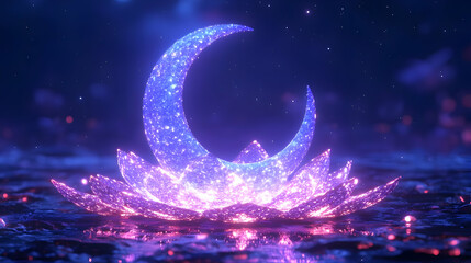 3D Icon as Abstract digital art of moon worship with glowing elements for Sharad Purnima concept as Camera movement Zoom into the abstract digital art of moon worship. Scene Isolated with glowing elem