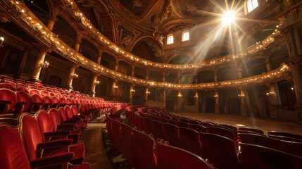 Fototapeta premium A large theater with red seats and a spotlight shining on the stage