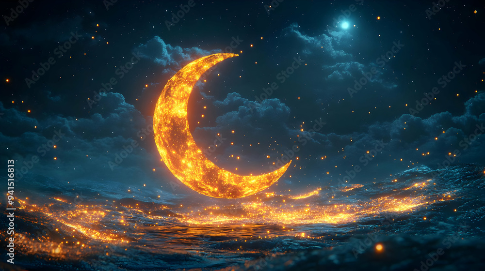 Poster 3D Icon as Abstract digital art of moonlit night with glowing elements for Sharad Purnima concept as Camera movement Zoom into the abstract digital art of a moonlit night. Scene Isolated with glowing 
