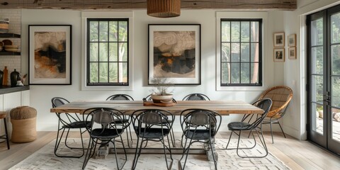 Contemporary Dining Room, Stylish Chairs, Wooden Flooring, Artwork Display