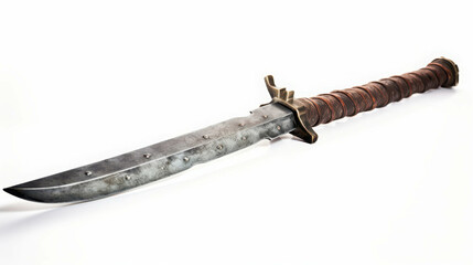 Ancient Dagger with Etched Blade: A weathered, ancient dagger with a curved blade, adorned with intricate etching, showcasing historical craftsmanship and a sense of mystique. The worn leather handle