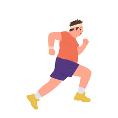 Fat plus size man cartoon character exercising enjoying morning running activity for weight lose