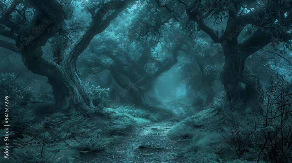 Poster a dark forest with trees and a path