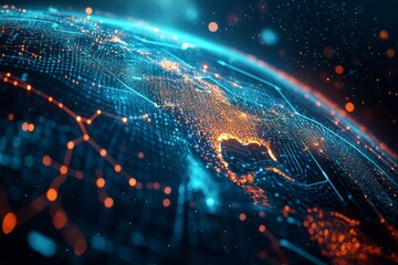 A stunning digital representation of Earth illuminated by glowing networks, showcasing technology and connectivity in a vibrant space.