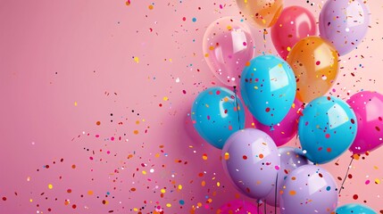 Celebration, festive background with helium colorfull balloons, gifts and confetti. holiday party invite. Happy anniversary. Copy space.