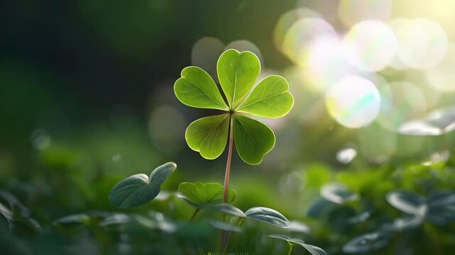 Clover plant with five leaves, natural background bokeh effect. Seamless 4K looping timelapse video animation background