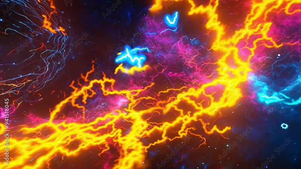 Poster bright electric arcs in vibrant colors swirl against a dark backdrop, creating a dynamic, abstract v