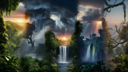 vivid jungle weather scenes, Nature's dynamic forces depicted 