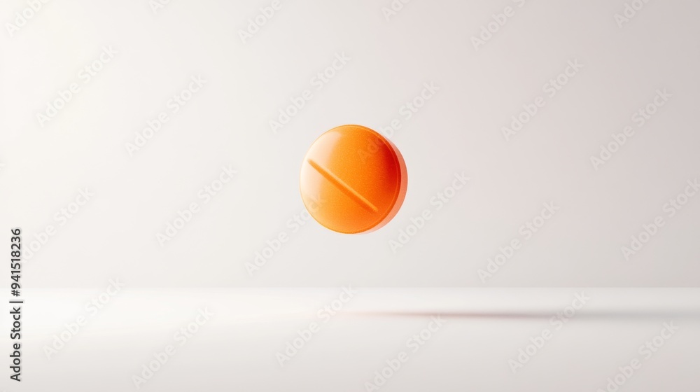 Poster a 3d simple style icon of a round orange tablet with a smooth surface floating above a white surface