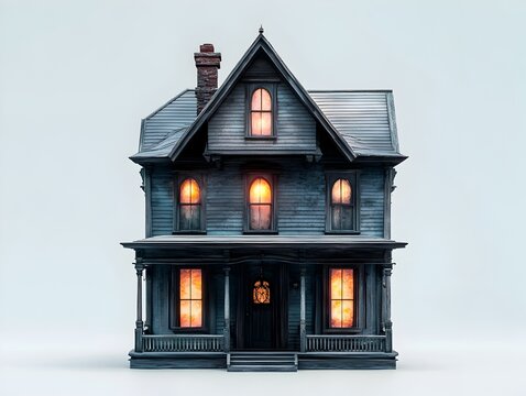 Haunting Victorian Dollhouse with Flickering Lights and Shadowy Figures on Isolated White Background