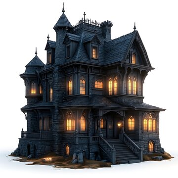 Haunting Victorian style Mansion with Decaying Facade and Sinister Candlelit Interior in Chiaroscuro Lighting