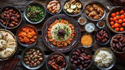 Fototapeta premium A vibrant spread of traditional Middle Eastern cuisine, featuring colorful dishes and desserts.