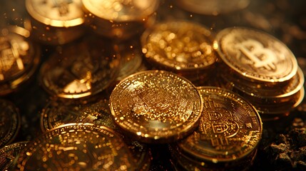 A close-up of shiny, golden cryptocurrency coins, reflecting light and texture.