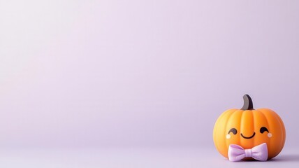 Light lavender background with a tiny kawaii pumpkin with a bow in the bottom right, cute and minimalist Halloween vibe