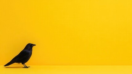 Fototapeta premium Pastel yellow background with a small black crow in the bottom left corner, minimalist and elegant Halloween touch