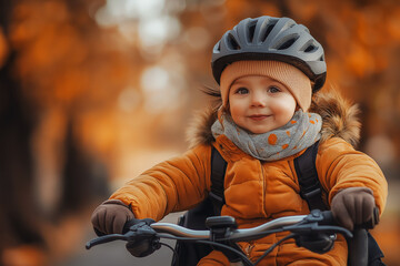child rides a bicycle in the park in autumn