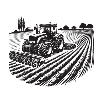 recommend clip art: Homestead Silhouette, Farming Scene clipart - Tractor Plowing the Land illustration in black and white 