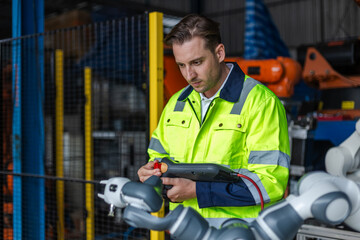 man engineer using remote robot controller operate standing at automation robot arms machine in factory. technician maintenance robotic workshop.